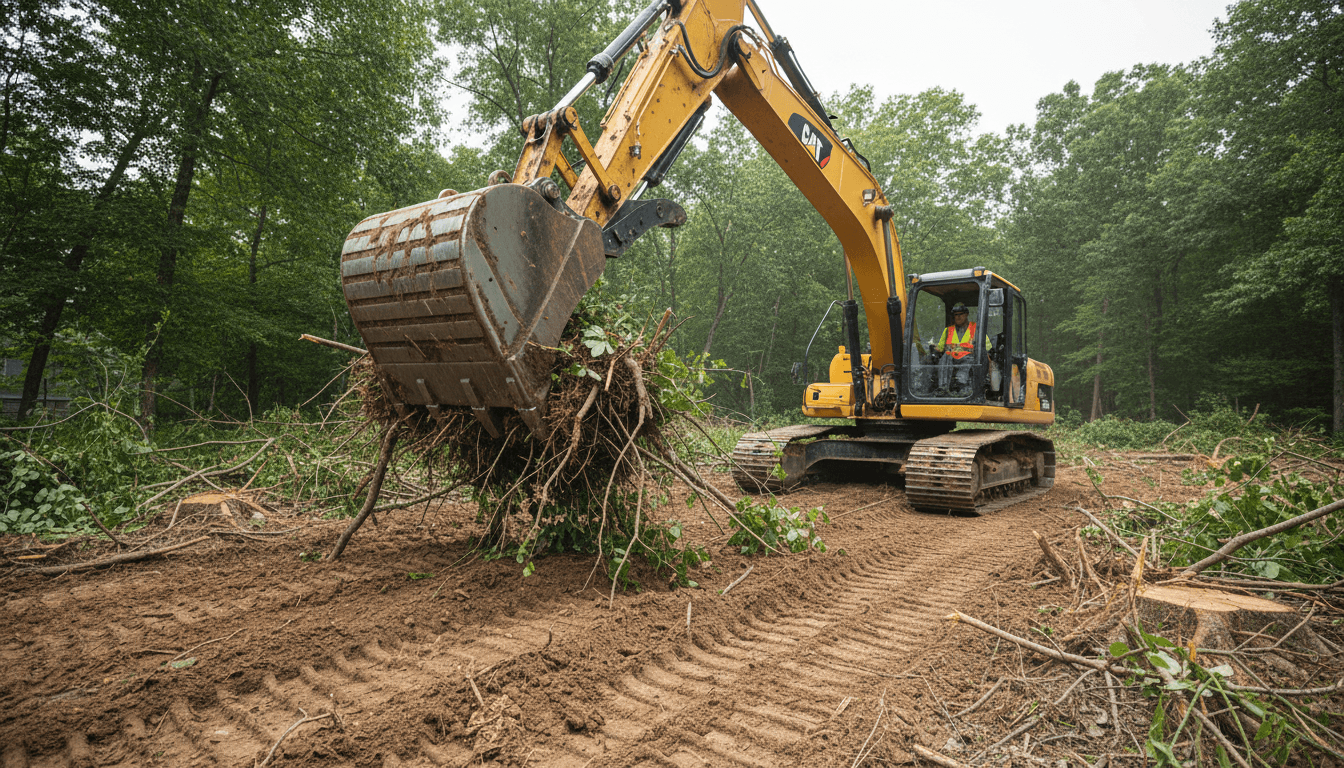 Excavator working on land clearing with forest backdrop
