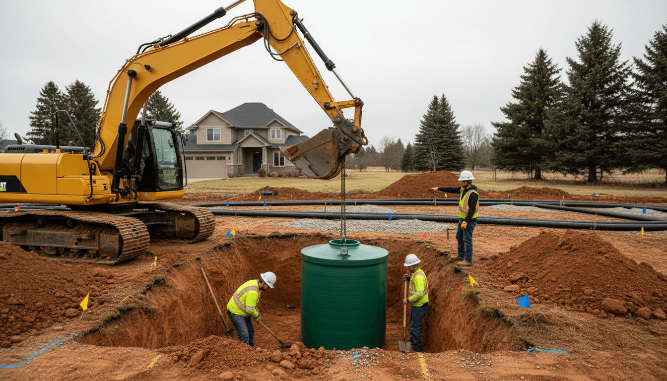 Excavator digging a trench for a french drain in a residential yard