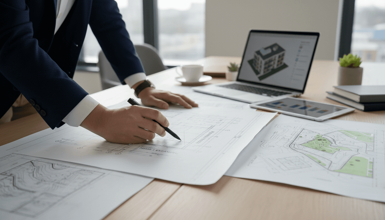 Landscaping professional reviewing plans at a residential job site