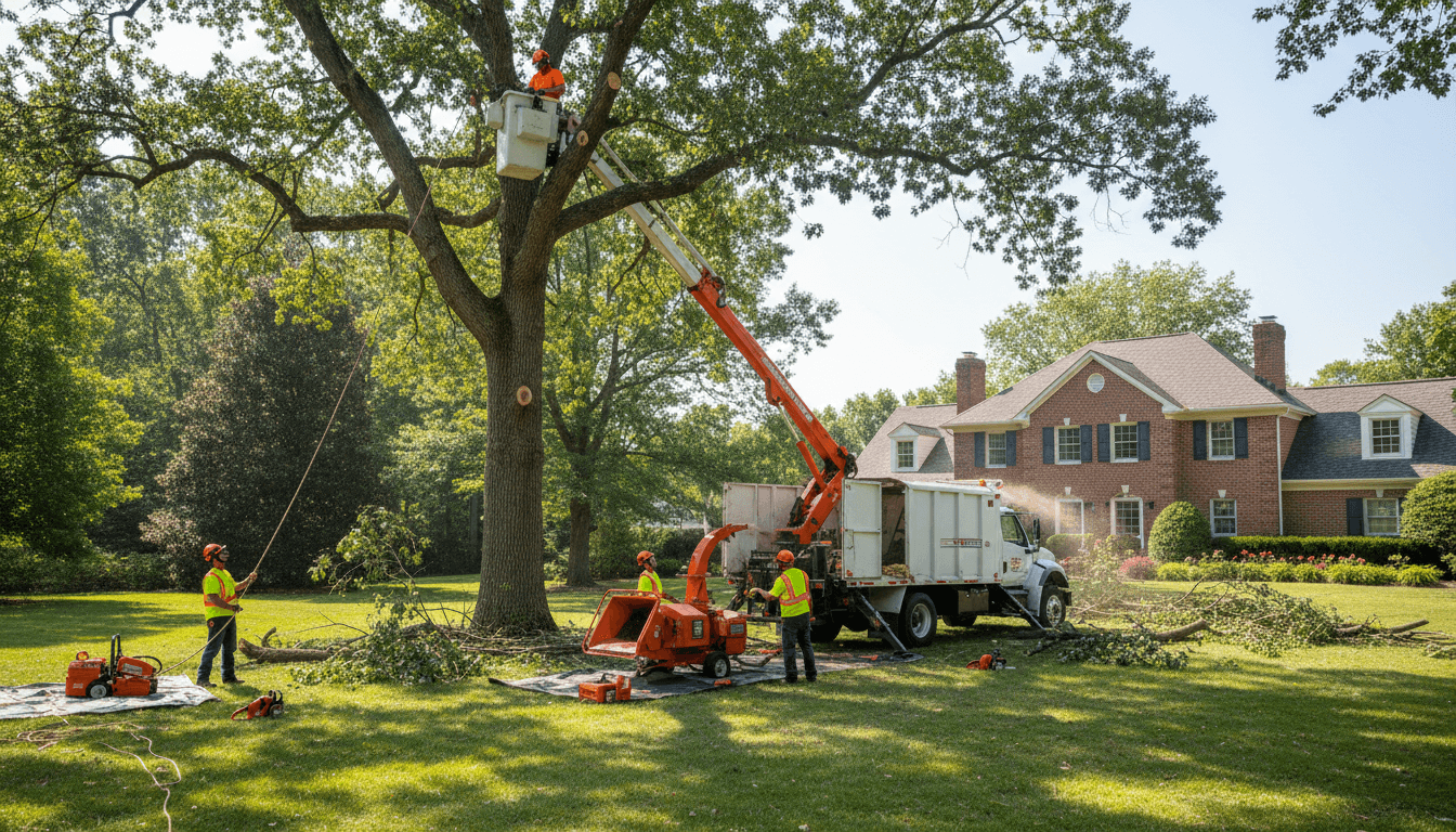 Land clearing equipment removing brush and small trees from a residential property